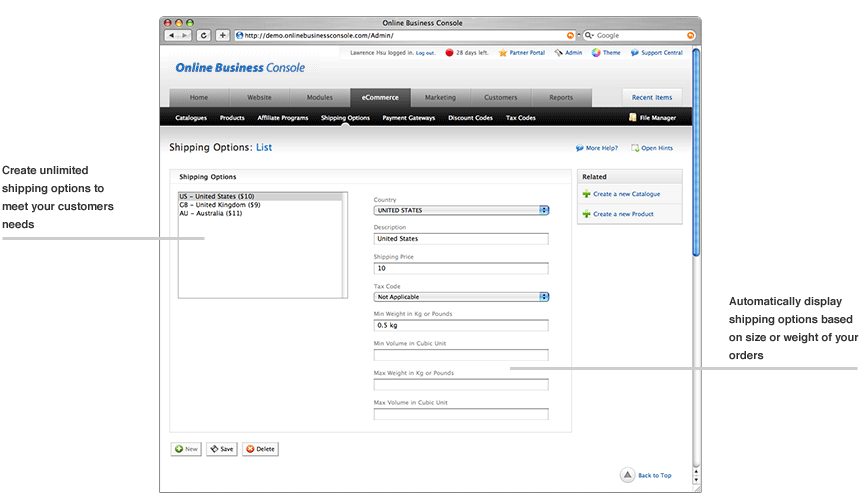 Online Website Dashboard items