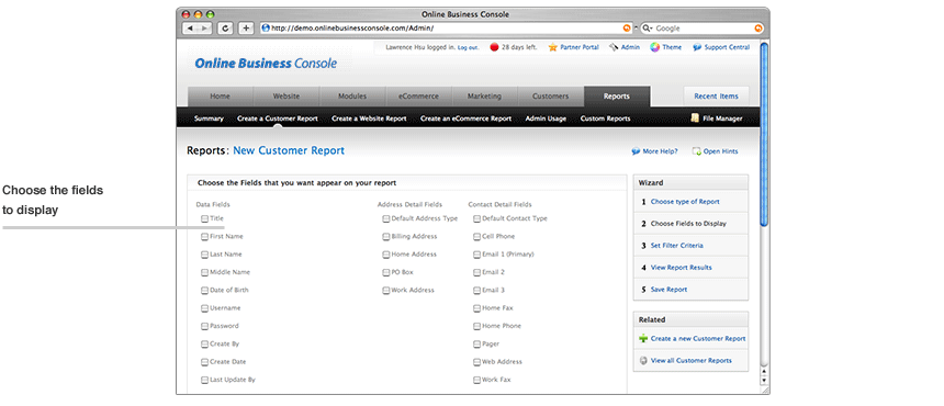 Online Website Dashboard customer report