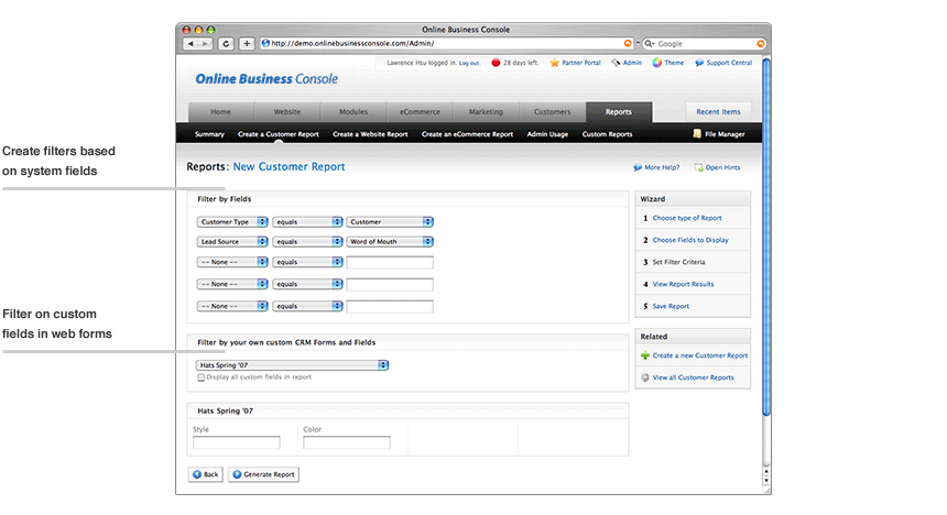 Online Website Dashboard customer report