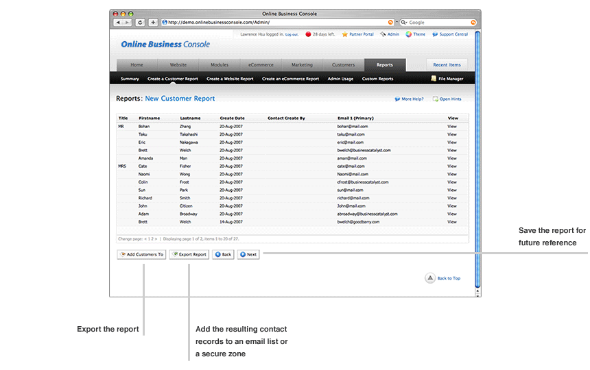 Online Website Dashboard customer report