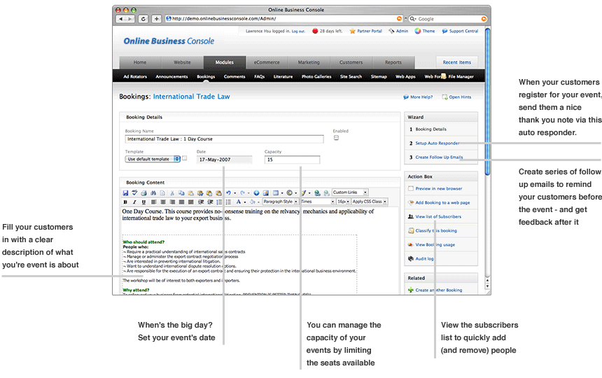 Online Website Dashboard booking form